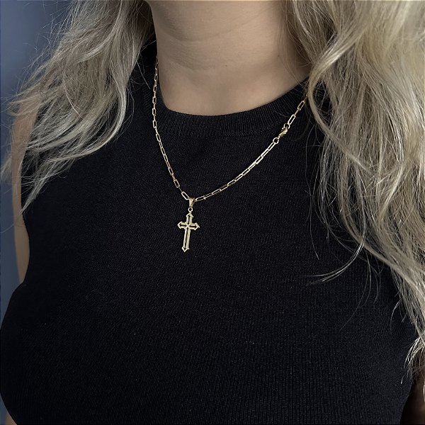 CORRENTE CARTIE ( 2mm 50cm FEM ) + PINGENTE CRUZ VAZADA- BANHADO A OURO 18K.