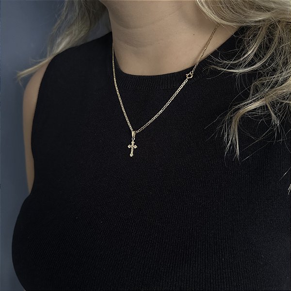 CORRENTE PIASTRINE ( 2mm - 50cm FEM ) + PINGENTE CRUCIFIXO PEQUENO - BANHADO A OURO 18K.