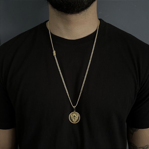 CORRENTE PITBULL (2MM- 70CM) + PINGENTE  MEDALHA COM LEÃO - FECHO COM MARCAÇÃO 750 - BANHADO A OURO 18K