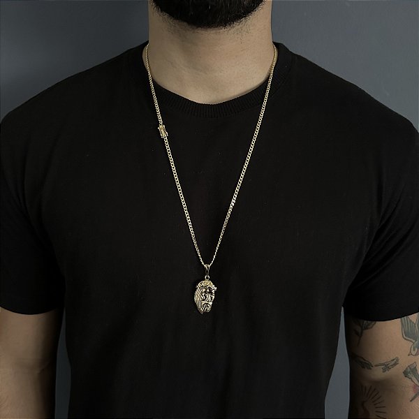 CORRENTE PITBULL (2MM- 70CM) + PINGENTE  ROSTO DE CRISTO - FECHO COM MARCAÇÃO 750 - BANHADO A OURO 18K