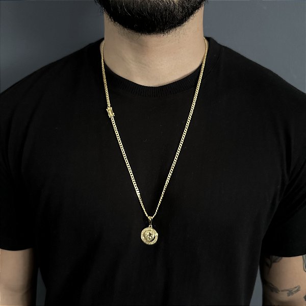 CORRENTE PITBULL (2MM- 70CM) + PINGENTE  LEÃO DA TRIBO DE JUDÁ - BANHADO A OURO 18K