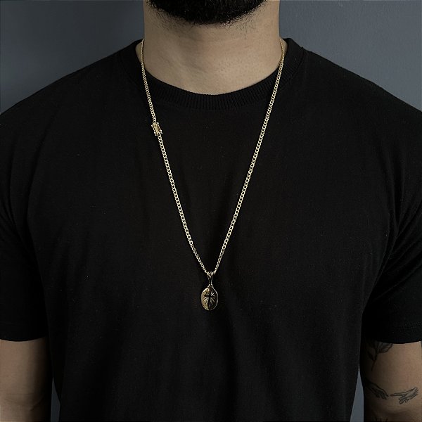 CORRENTE PITBULL (2MM- 70CM) + PINGENTE  MEDALHA OVAL COM CRUZ VAZADA - FECHO COM MARCAÇÃO 750 - BANHADO A OURO 18K