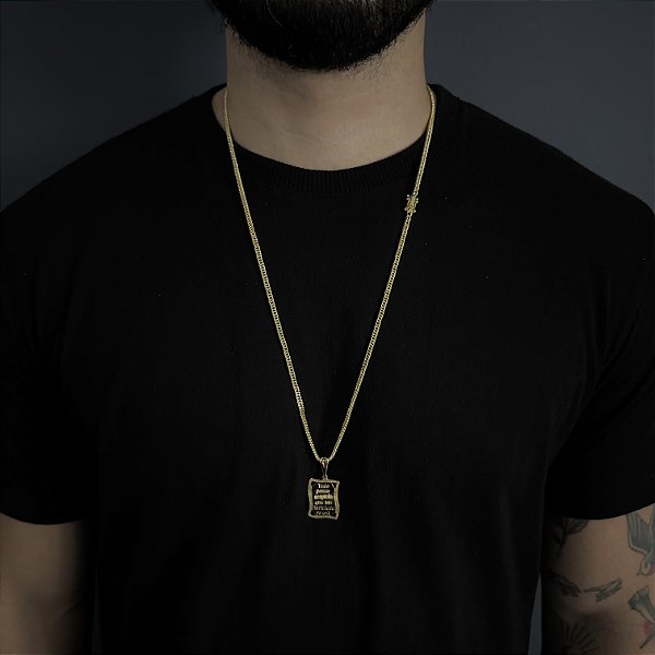 Corrente Lacraia 2mm 70cm + Pingente Placa "Tudo Posso Naquele Que Me Fortalece" – Banhada a Ouro 18K
