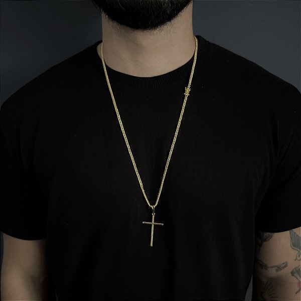 Corrente Lacraia 2mm 70cm + Pingente Cruz – Banho Ouro 18k