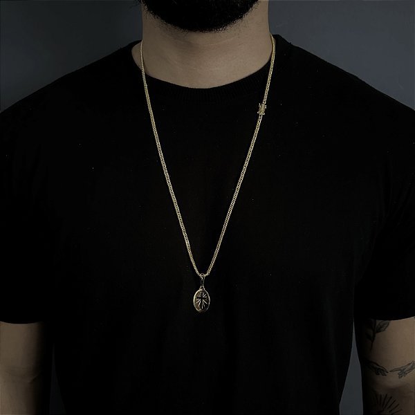 Corrente Lacraia 2mm 70cm + Pingente Medalha Oval com Cruz Vazada – Banhada a Ouro 18K