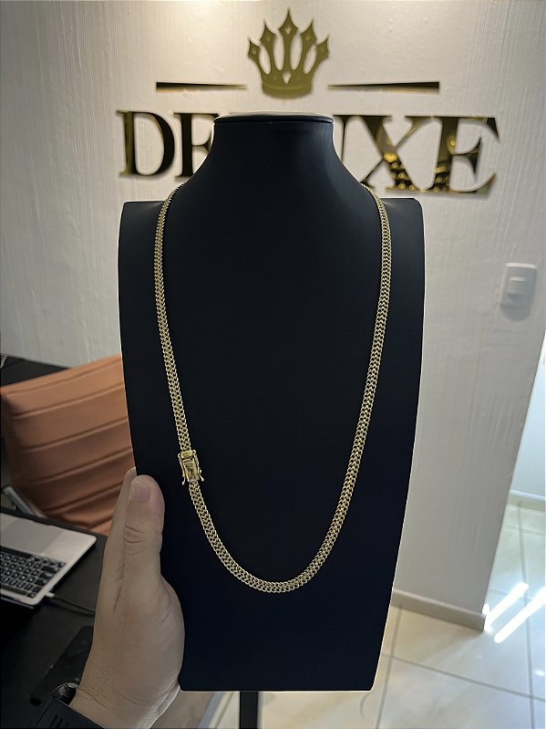 CORRENTE GRUMET DUPLA SOLDADO( 7MM -70CM )- FECHO COM MARCAÇÃO 750 - BANHO DE OURO 18K