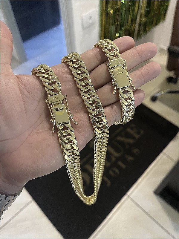 Corrente Lacraia 13mm 70cm + Pulseira 21cm – Banho Ouro 18k
