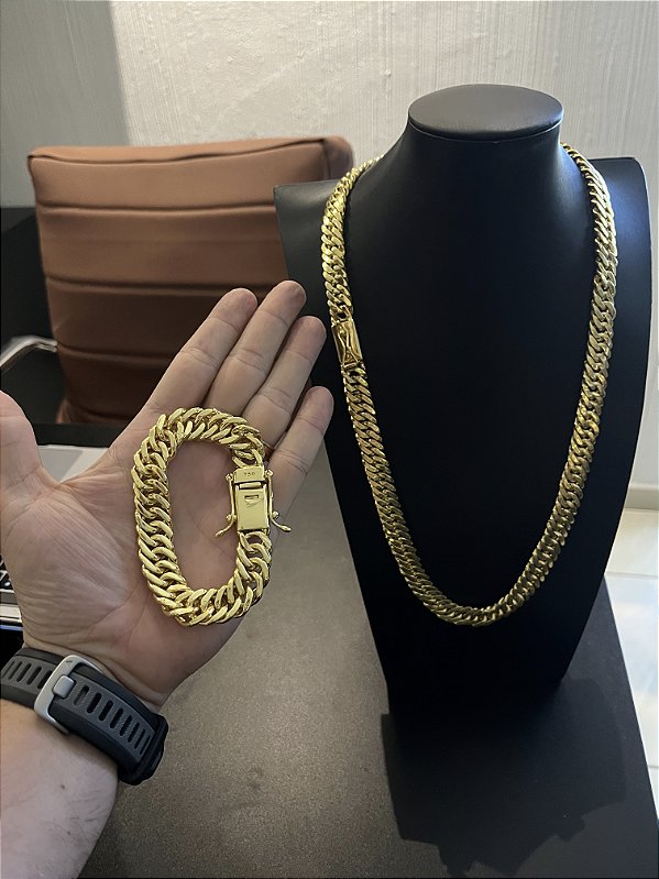 CORRENTE LACRAIA (13mm -70cm)  + PULSEIRA LACRAIA (13mm -20cm) - FECHO COM MARCAÇÃO 750 - BANHADO A OURO 18K