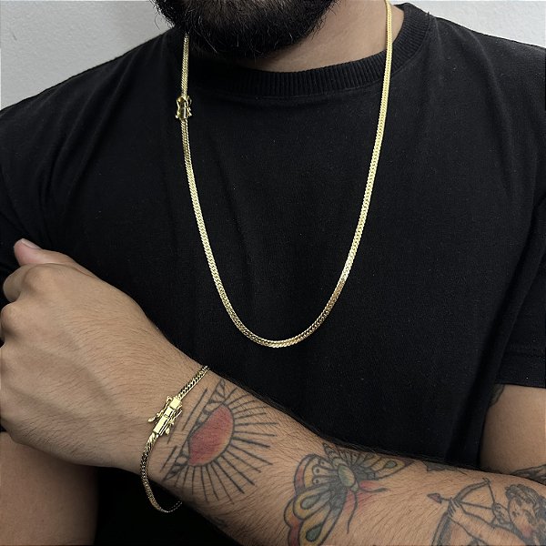 Corrente Lacraia 4mm 70cm + Pulseira 21cm – Banho Ouro 18k