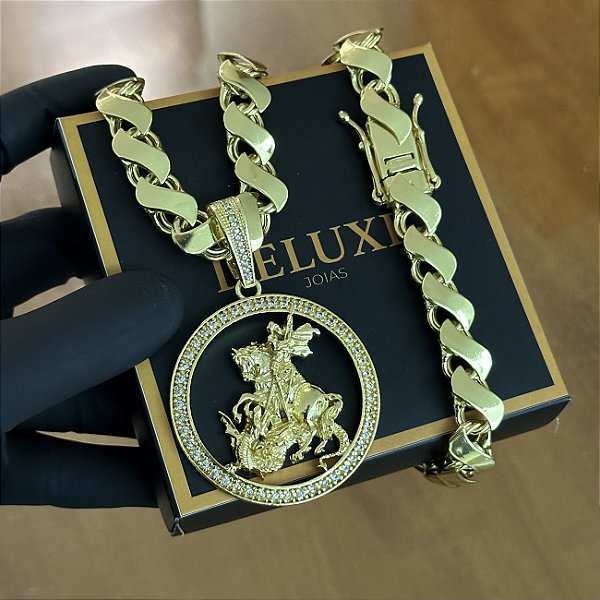 CORRENTE FRISO S DUPLA FACE ( 13mm- 70cm) + PINGENTE MEDALHA SÃO JORGE GRANDE  -  FECHO COM MARCAÇÃO 750 - BANHADO A OURO 18K