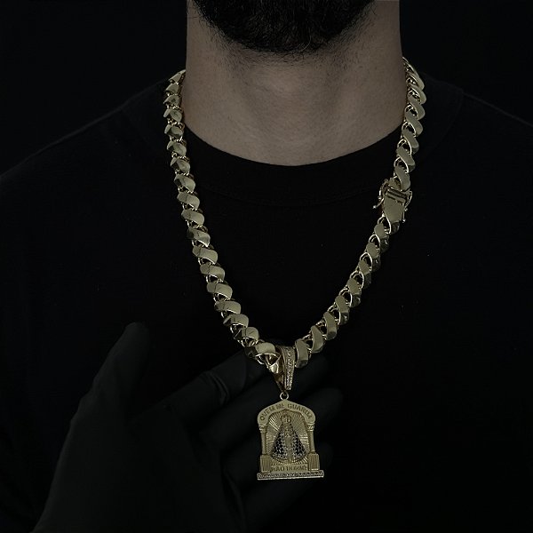 CORRENTE FRISO S DUPLA FACE ( 13mm- 70cm) + PINGENTE NOSSA SENHORA JESUS  NÃO DORME - FECHO COM MARCAÇÃO 750 - BANHADO A OURO 18K