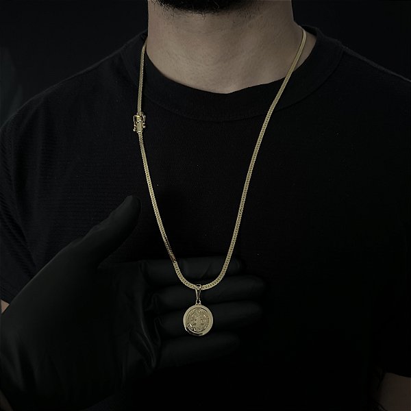 CORRENTE  LACRAIA FLAT  (4mm - 18G 70 cm) + PINGENTE MEDALHA DE SÃO BENTO - BANHO DE OURO 18k