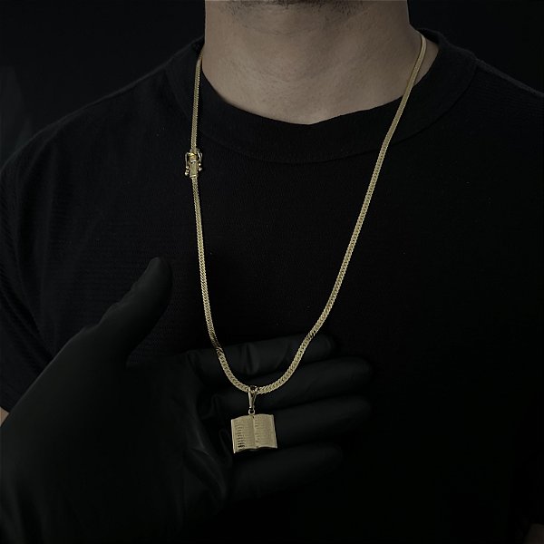 Corrente Lacraia 4mm 70cm + Pingente Bíblia Aberta – Banhada a Ouro 18K