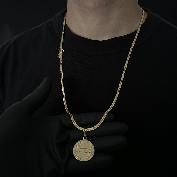 Corrente Lacraia 4mm 70cm + Pingente Jesus – Banhada a Ouro 18K