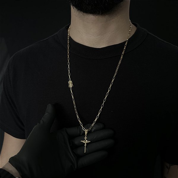 CORRENTE  TIJOLINHO ALONGADO (3mm - 18G 70 cm) + PINGENTE CRUCIFIXO -  FECHO COM MARCAÇÃO 750 - BANHO DE OURO 18k