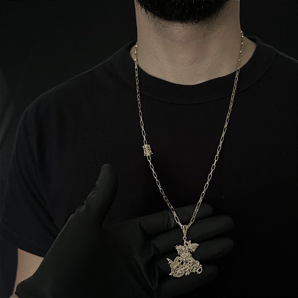 CORRENTE  TIJOLINHO ALONGADO (3mm - 18G 70 cm) + PINGENTE SÃO JORGE DETALHADO- BANHO DE OURO 18k