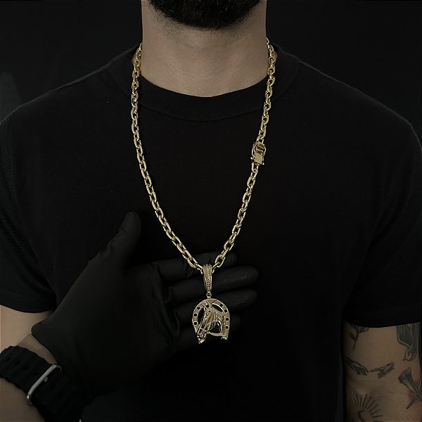 CORRENTE  CADEADO (8mm - 56G 70 cm) + PINGENTE CARA DE CAVALO G -FECHO COM MARCAÇÃO 750 - BANHO DE OURO 18k