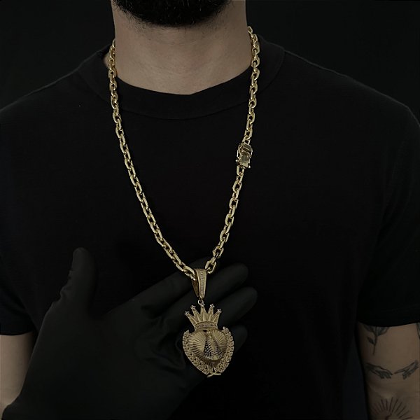 CORRENTE  CADEADO (8mm - 56G 70 cm) + PINGENTE NOSSA SENHORA COM COROA- FECHO COM MARCAÇÃO 750 - BANHO DE OURO 18k