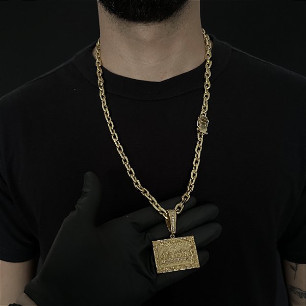 CORRENTE  CADEADO (8mm - 56G 70 cm) + PINGENTE JESUS E OS APÓSTOLOS - BANHO DE OURO 18k