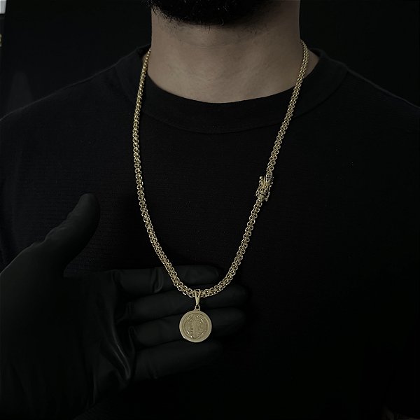 CORRENTE CADEADO DUPLO COM FECHO NOSSA SENHORA (5mm - 26G 70 cm) + PINGENTE SÃO BENTO DUPLA FACE - FECHO COM MARCAÇÃO 750 -BANHO DE OURO 18k