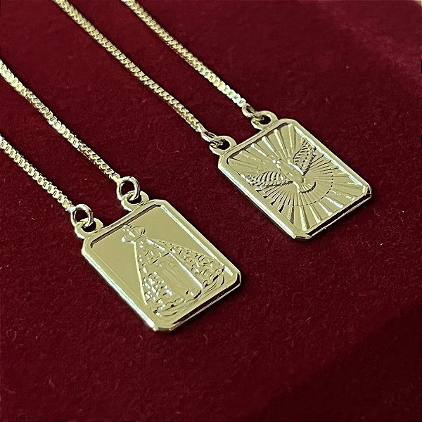 Escapulário Corrente Veneziana 2mm 70cm com Pingente Nossa Senhora Aparecida e Pingente Pomba do Espírito Santo – Banhado a Ouro 18K