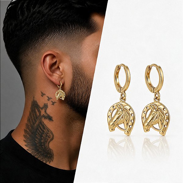 Brinco Argola Ney com Pingente de Ferradura e Cavalo Trabalhado – Banhado a Ouro 18K