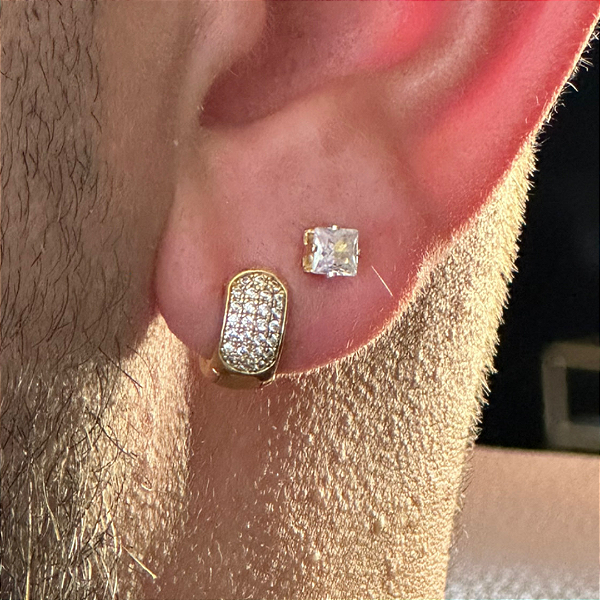 2 PARES DE BRINCOS CRAVEJADOS EM ZIRCÔNIA PREMIUM ARGOLA M E BRINCO QUADRADO 3MM  -  BANHADO A OURO 18K
