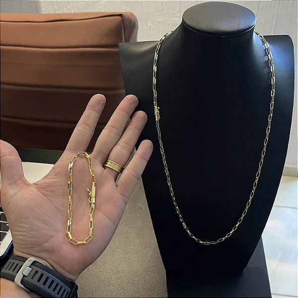 Corrente Tijolinho 3mm 70cm + Pulseira 21cm – Banhada a Ouro 18K