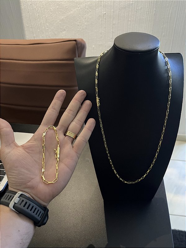 CORRENTE TIJOLINHO ALONGADO  FECHO GAVETA (3mm-70cm)  + PULSEIRA TIJOLINHO ALONGADO  FECHO GAVETA (4mm-20cm) - FECHO CANHÃO - BANHADO A OURO 18K