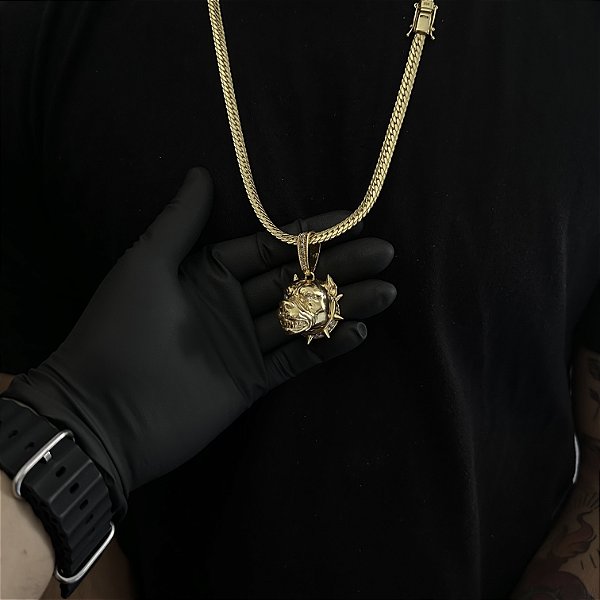 CORRENTE  LACRAIA FLAT  (6mm - 26G 70 cm) + PINGENTE  PITBULL 5D CRAVEJADO EM ZIRCÔNIA  PREMIUM - BANHO DE OURO 18k