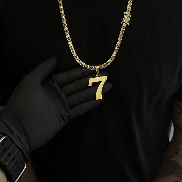 CORRENTE  LACRAIA FLAT  (6mm - 26G 70 cm) + PINGENTE  NÚMERO 7 - BANHO DE OURO 18k