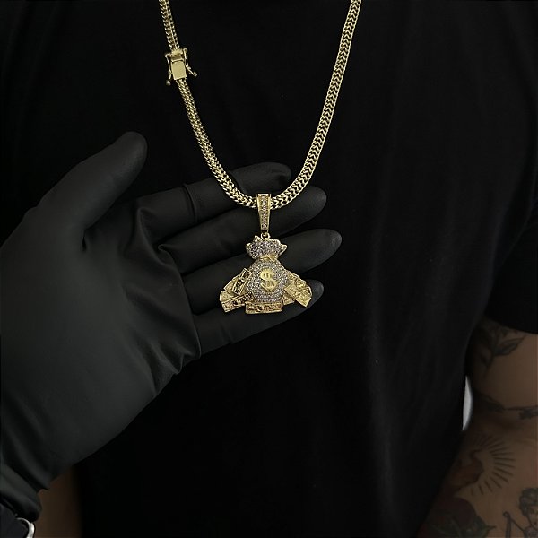 CORRENTE  GRUMET DUPLA  (7mm - 28g  70cm) + PINGENTE MALOTE DÓLAR  CRAVEJADO EM ZIRCÔNIA  PREMIUM G - BANHO DE OURO 18k