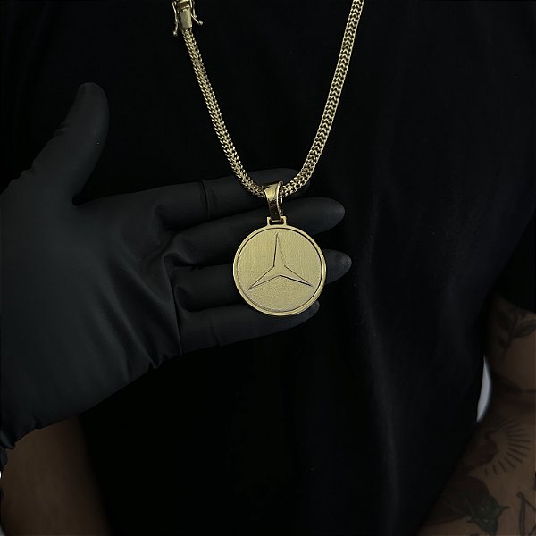 CORRENTE  GRUMET DUPLA  (7mm - 28g  70cm) + PINGENTE MEDALHA MERCEDES G - BANHO DE OURO 18k