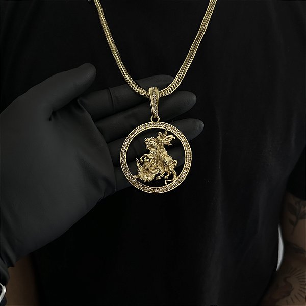 CORRENTE  GRUMET DUPLA  (7mm - 28g  70cm) + PINGENTE MEDALHA SÃO  JORGE CRAVEJADA EM ZIRCÔNIA PREMIUM G - BANHO DE OURO 18k