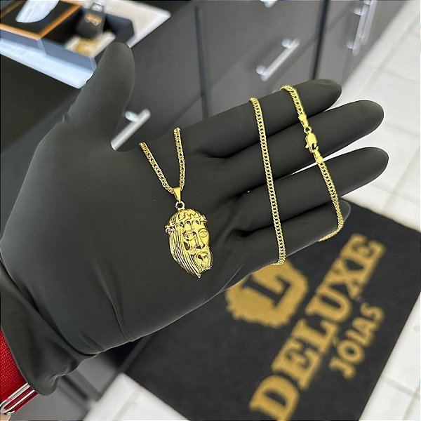Corrente Lacraia 2mm 70cm + Pingente Jesus – Banhada a Ouro 18K