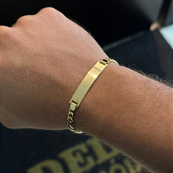 PULSEIRA BRACELETE PLAQUINHA GRUMET PERSONALIZE COM FRASE (ESCRITAS EM GERAL - FECHO TRADICIONAL (5mm) - 21cm - BANHADO A OURO 18k