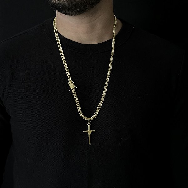 CORRENTE GRUMET DUPLA ( 7mm - 70Cm) + PINGENTE CRUZ AMARRADA  MACIÇA - BANHADO A OURO 18k