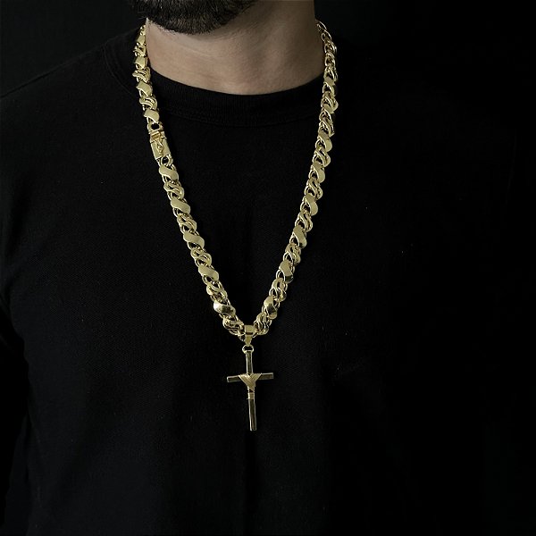 CORRENTE FRISO S VAZADA ( 13mm - 70Cm) + PINGENTE CRUZ AMARRADA  MACIÇA - BANHADO A OURO 18k