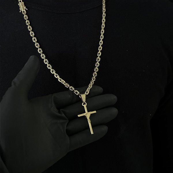 CORRENTE CADEADO ( 5mm - 70Cm) + PINGENTE CRUZ AMARRADA MACIÇA - BANHADO A OURO 18k