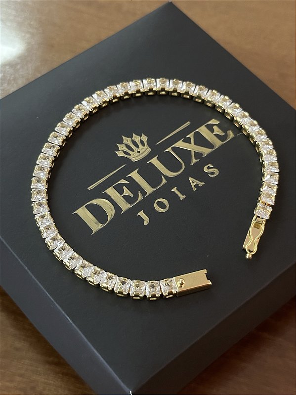 PULSEIRA CRAVEJADA RIVIERA REDONDA  (5mm - 9G) - 21cm  - FECHO COM MARCAÇÃO 750 -  BANHO DE OURO 18k.