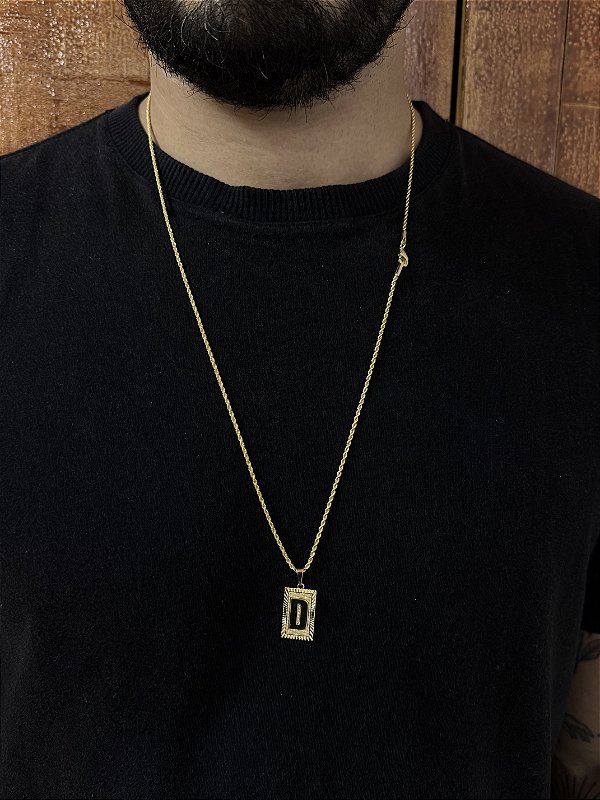 CORRENTE BAIANA 2mm - 70 ou 60cm + PINGENTE PLACA DIAMANTADA 2x1,2cm   ESCOLHA A LETRA - BANHADO A OURO 18k