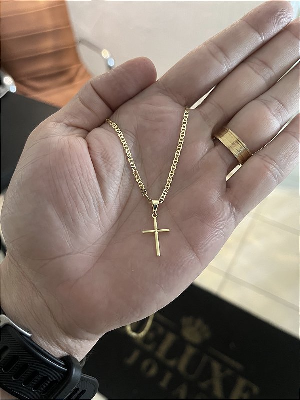 CORRENTE PIASTRINE( 2mm - 70cm) + PINGENTE CRUZ PALITO  P - BANHADO A  OURO 18K.