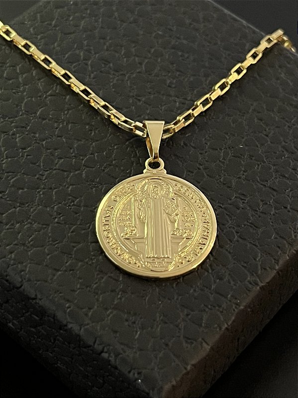 PINGENTE MEDALHA SÃO  BENTO DUPLA FACE  M - BANHO DE OURO 18K