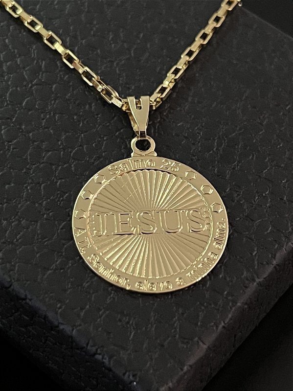 PINGENTE MEDALHA JESUS M - BANHO DE OURO 18K