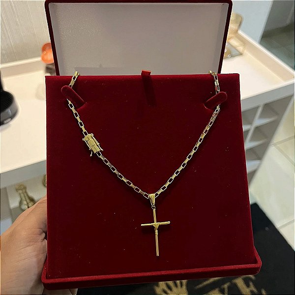 Corrente Tijolinho 3mm 60cm + Pingente Cruz – Banhada a Ouro 18K