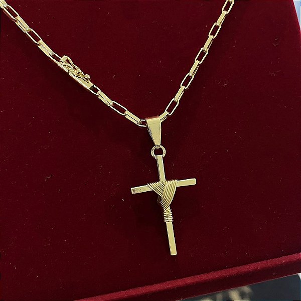 Corrente Tijolinho 3mm 60cm + Pingente Cruz – Banhada a Ouro 18K