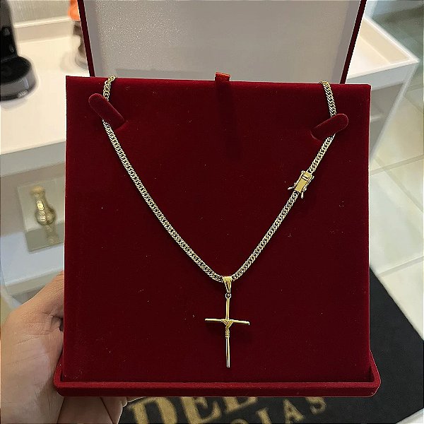 Corrente Lacraia 2mm 60cm + Pingente Cruz – Banhada a Ouro 18K