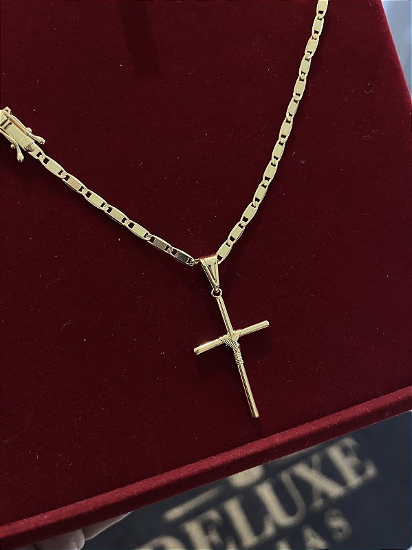 CORRENTE PIASTRINE (4MM - 50, 60cm ou 70cm) + PINGENTE CRUZ AMARRADA - BANHADO A OURO 18k