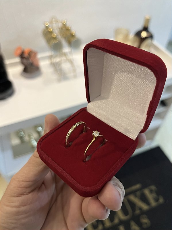 Kit de Anéis Solitário e Meia Aliança Cravejada (2mm) - FEITO DE MOEDA ANTIGA