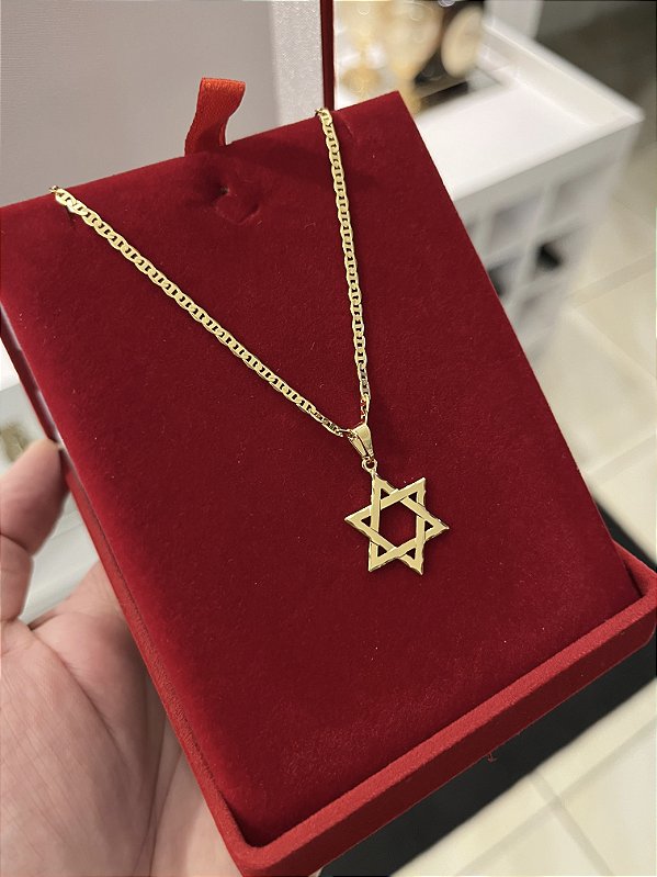CORRENTE PIASTRINE ( 2mm - 50, 60cm ou 70cm) + PINGENTE  PLAQUINHA ESTRELA DE DAVI VAZADA - BANHADO A OURO 18k